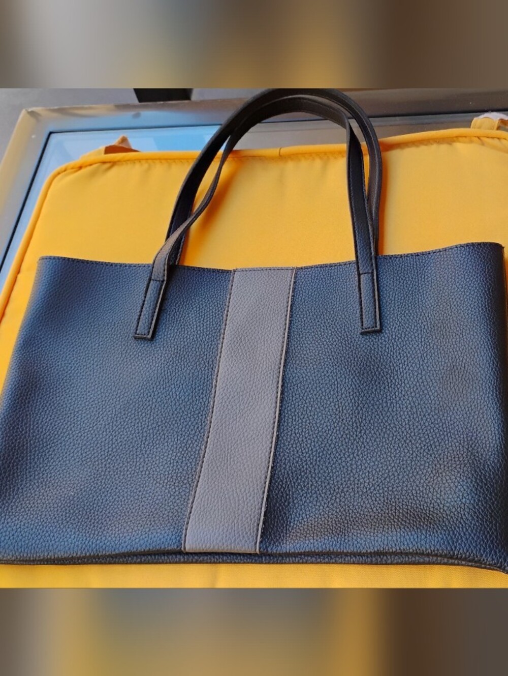 Vince Camito Classic Black Leather Tote Bag with Center Stripe